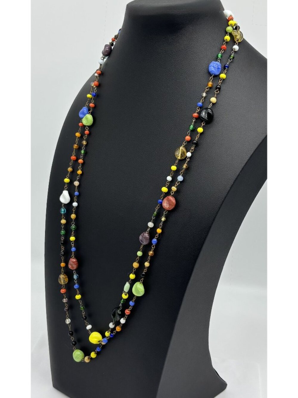 Vintage Art Deco Art Glass Beads Necklace Long Continuous Flapper Style Unsigned